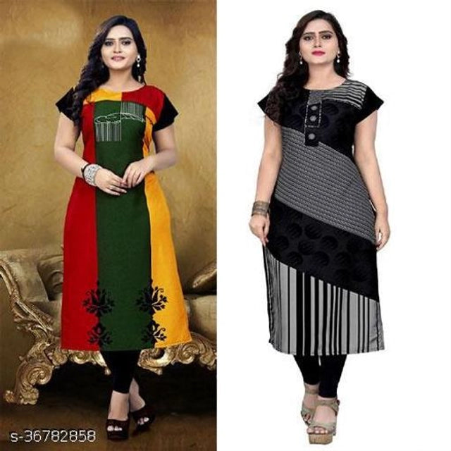 Set of two trendy kurti set for ladies featuring colorful and black patterned designs with short sleeves