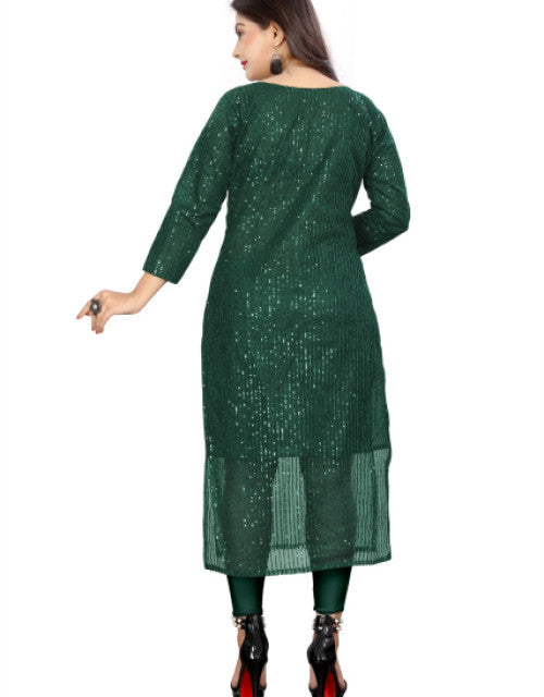 Green sequin kurti with three-quarter sleeves and sheer hem paired with leggings trendy kurtis for workwear