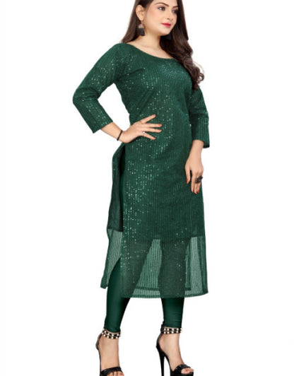 Green sequin kurti with sheer detailing and three-quarter sleeves, perfect trendy kurtis for workwear