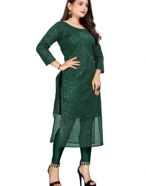 Green sequin kurti with sheer detailing and three-quarter sleeves, perfect trendy kurtis for workwear