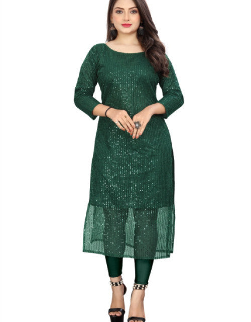 Quick Gadgets green kurti with sequin detailing and sheer hem, perfect trendy kurtis for workwear