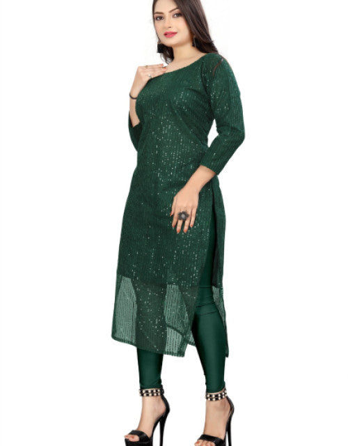 Green sequin kurti paired with matching leggings and black heels, trendy kurtis for workwear