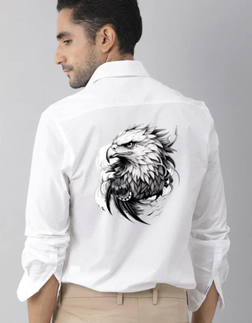 White men's shirt from Quick Gadgets featuring an eagle graphic on back, trendy men's casual shirts online