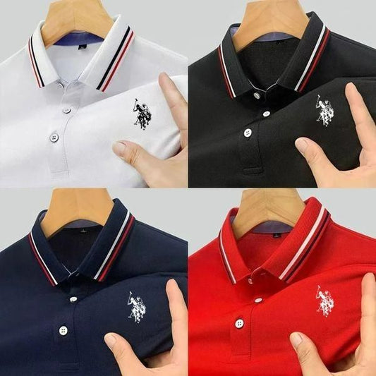 Trendy men's polo shirts online India by QuickGadgets in white black navy and red colors
