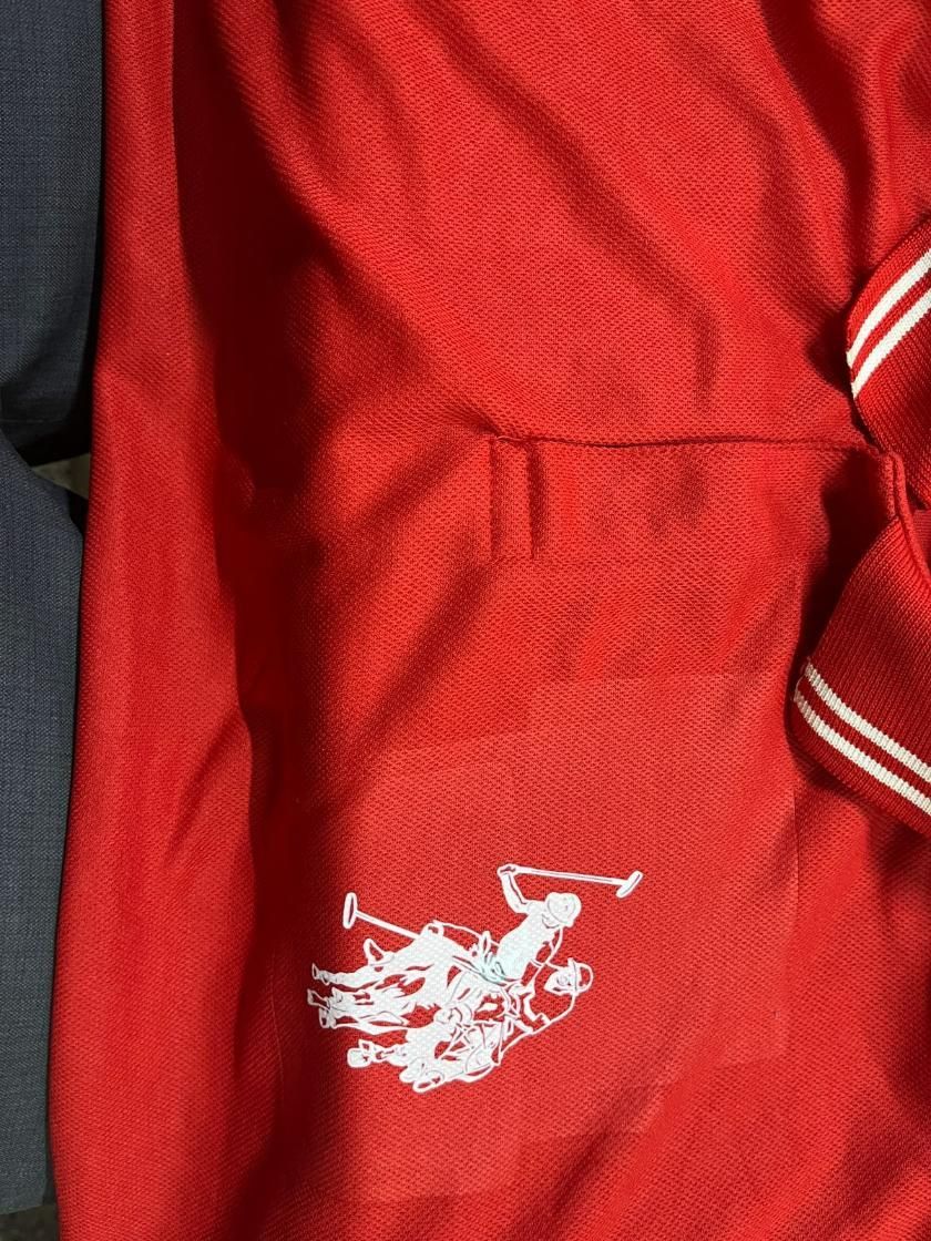 QuickGadgets trendy men's polo shirts online India red polo shirt with white horse logo and striped collar