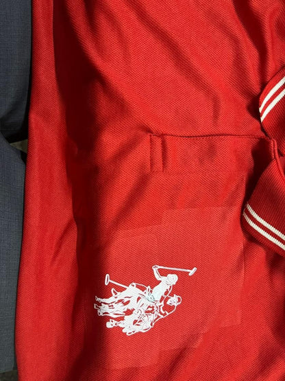 QuickGadgets trendy men's polo shirts online India red polo shirt with white horse logo and striped collar