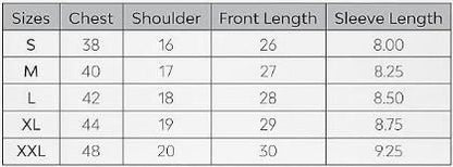 Size chart for trendy men's polo shirts online India showing chest shoulder front length and sleeve length measurements