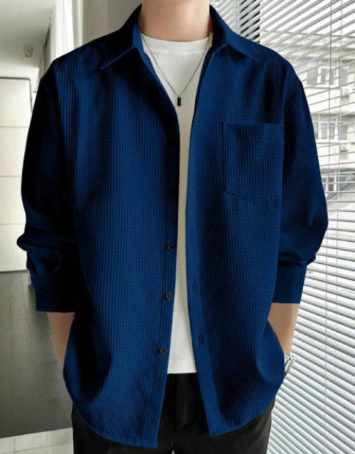 Dropdash navy textured button shirt over white tee paired with black TrackPants casual outfit