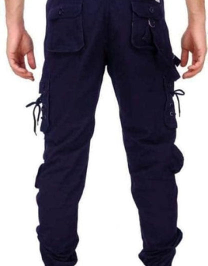 men's navy blue cargo pants shown from back on model with multiple flap pockets and drawstring ankles