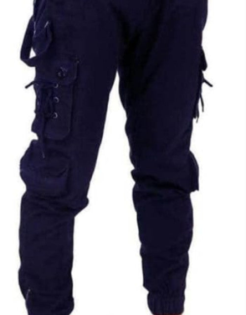 men's navy blue cargo pants front view tapered jogger fit elastic cuffs pocket details