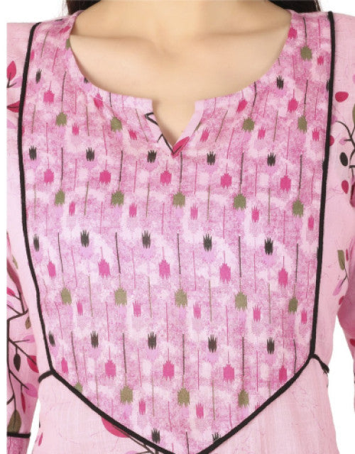 Dropdash pink printed kurta pants combo featuring a floral printed female kurta with black piping details