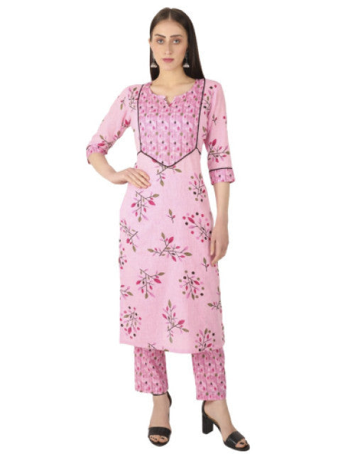 Dropdash female pink printed kurta pants combo with floral design and three-quarter sleeves