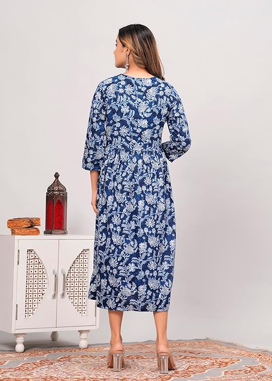 Back view of premium quality women kurti India with blue floral print and three-quarter sleeves