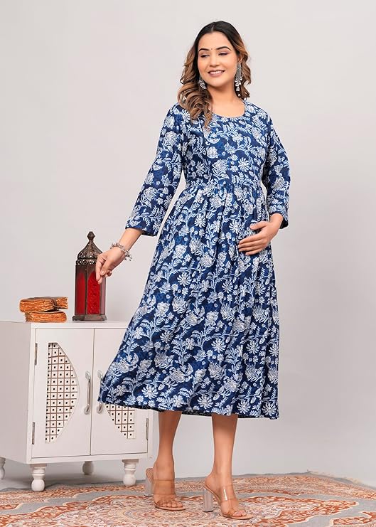 Woman wearing a blue floral print premium quality women kurti India with three-quarter sleeves