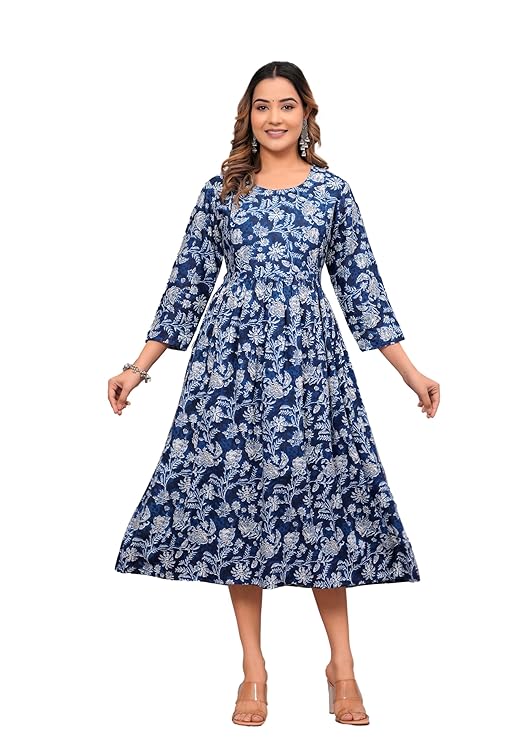 Blue floral printed long sleeve dress kurti worn by woman premium quality women kurti India