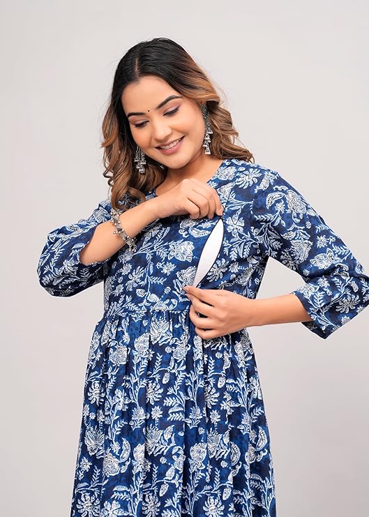 Premium quality women kurti India in blue floral print with side zipper for nursing access