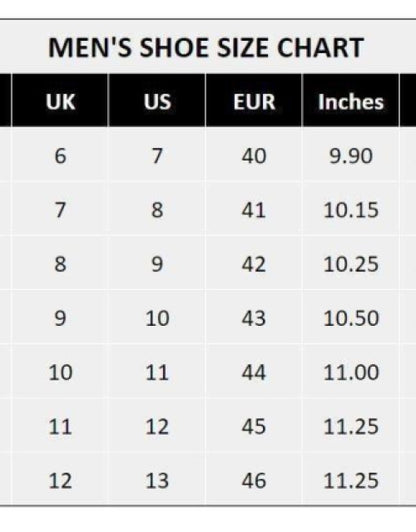 Men's shoe size chart showing UK US EUR sizes and inches for men's dailywear sports shoes