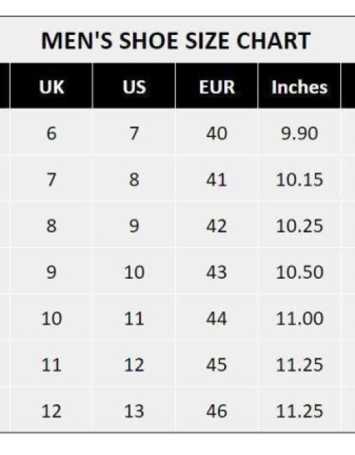 Men's shoe size chart displaying UK, US, EUR sizes and inches for men's dailywear sports shoes