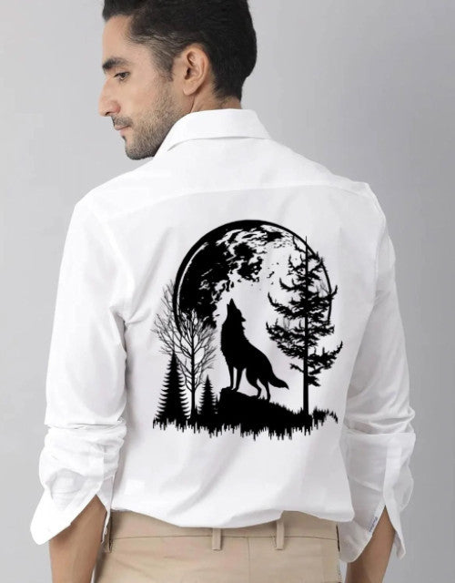 White casual shirt with wolf design printed on the back by Quick Gadgets, worn by a man