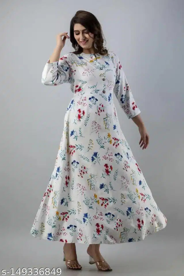 Women's floral long Anarkali dress for festivals with full sleeves and flowy design