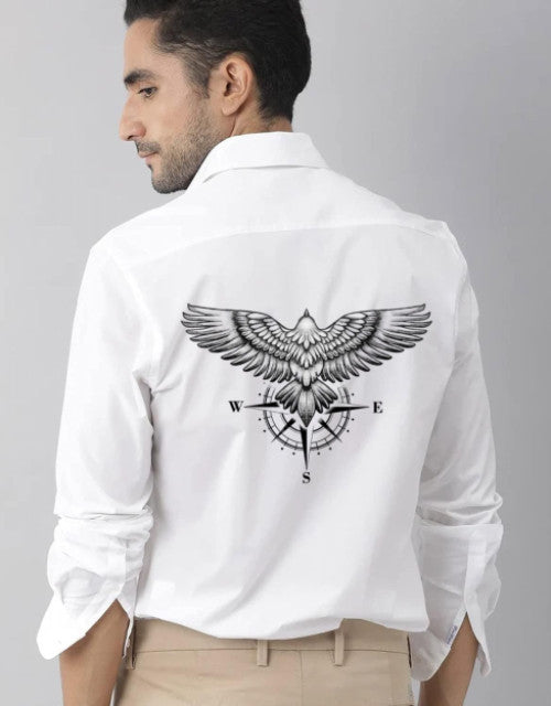 Quick Gadgets men's white printed shirts for men featuring a black eagle and compass design on the back