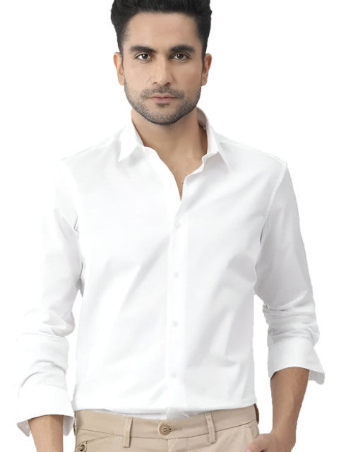 Quick Gadgets white printed shirts for men worn by model with beige pants and rolled sleeves