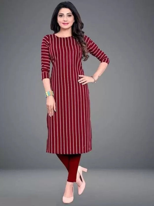 Maroon striped women's casual office wear kurti with three-quarter sleeves paired with matching leggings