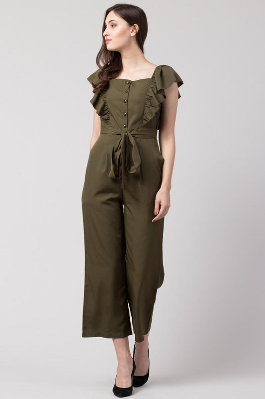 QuickGadgets women's polyester jumpsuit in solid olive green with ruffle sleeves and tie waist