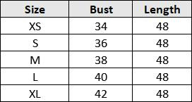 QuickGadgets women's polyester jumpsuit size chart showing bust and length measurements for sizes XS to XL