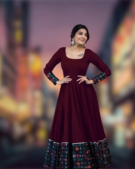 Women's rayon full sleeve gown in maroon with printed cuff and hem detailing by vendor 19199