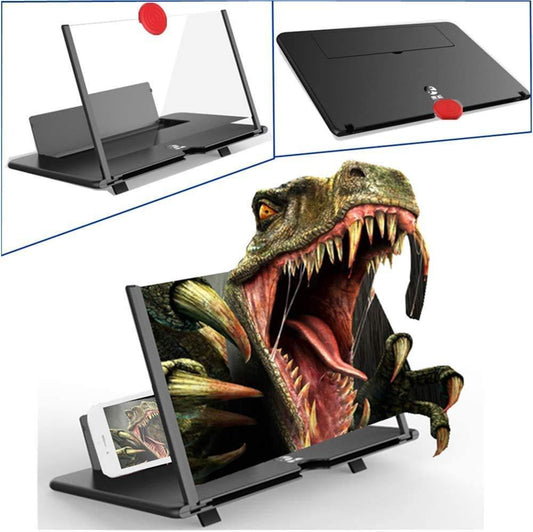 XANK F3 screen magnifier for phones showing a phone holder with enlarged 3D dinosaur image display