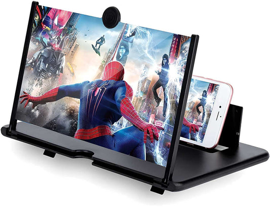 XANK F3 screen magnifier for phones showing enlarged Spider-Man movie on black foldable stand