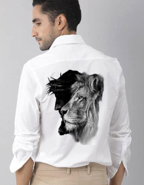 Quick Gadgets men's graphic printed casual shirt in white with black and gray lion face design on the back