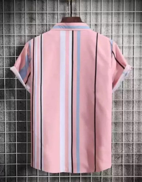Dropdash pink short sleeve shirt with vertical stripes back view on hanger men's checkered slim fit casual shirt