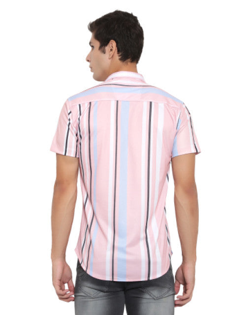 Dropdash men's checkered slim fit casual shirt back view on model showing pink and blue vertical stripes