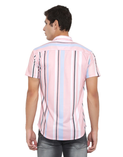 Dropdash men's checkered slim fit casual shirt back view on model showing pink and blue vertical stripes