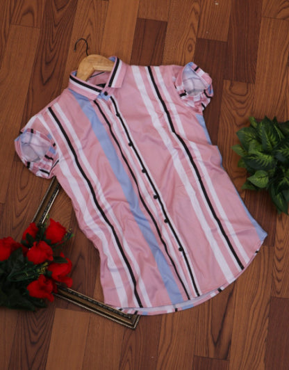 Dropdash men's checkered slim fit casual shirt pink and blue vertical stripes short sleeve flat lay