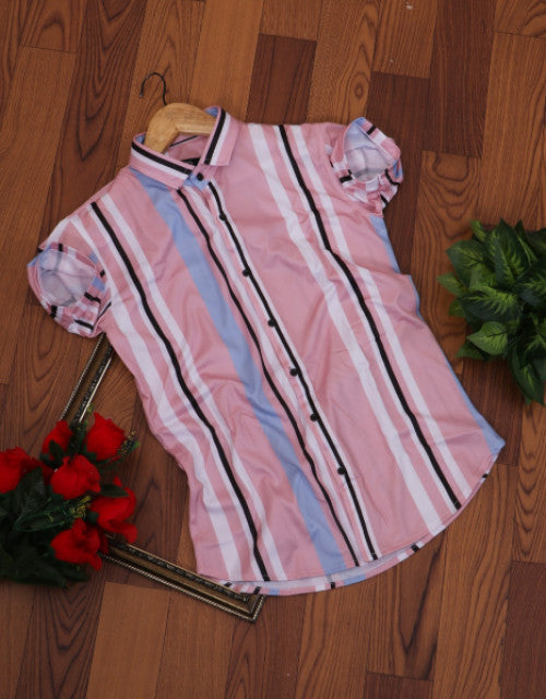 Dropdash men's checkered slim fit casual shirt pink blue vertical stripes short sleeve on wooden floor