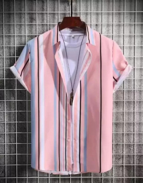 Dropdash men's checkered slim fit casual shirt listing shows pink vertical striped short sleeve shirt on hanger