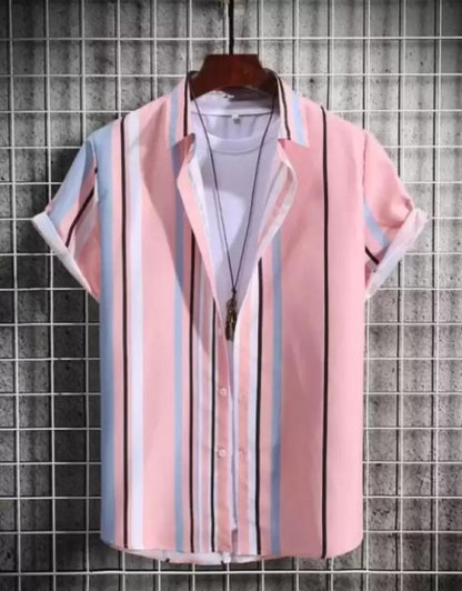 Dropdash men's checkered slim fit casual shirt listing shows pink vertical striped short sleeve shirt on hanger