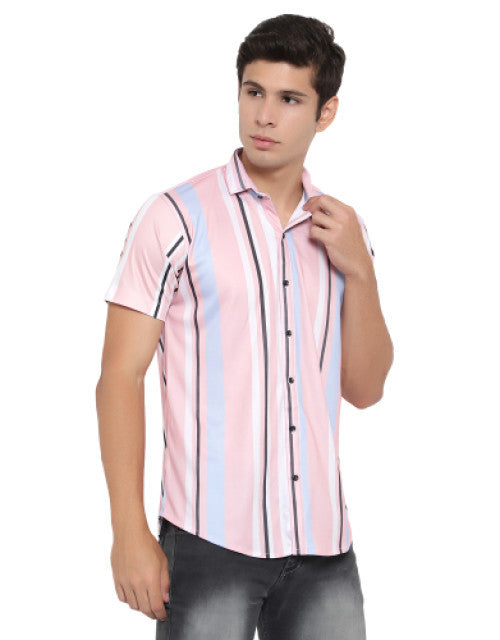 Dropdash TrackPants image model in pink striped short sleeve shirt and gray jeans men's checkered slim fit casual shirt